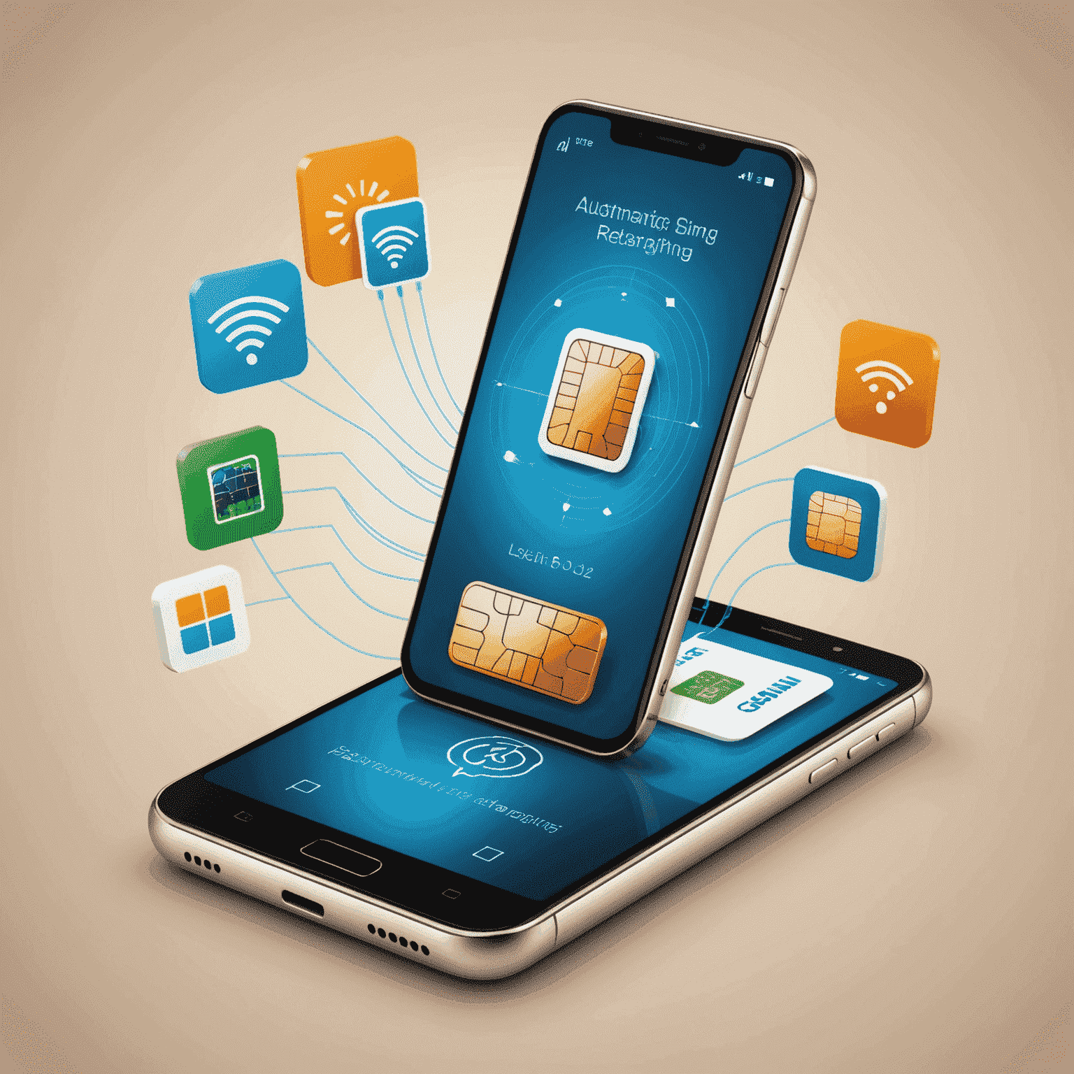 صورة توضيحية لعملية إعادة شحن شريحة SIM تلقائيًا، تظهر هاتفًا ذكيًا وشريحة SIM وأيقونات تمثل العملية الآلية